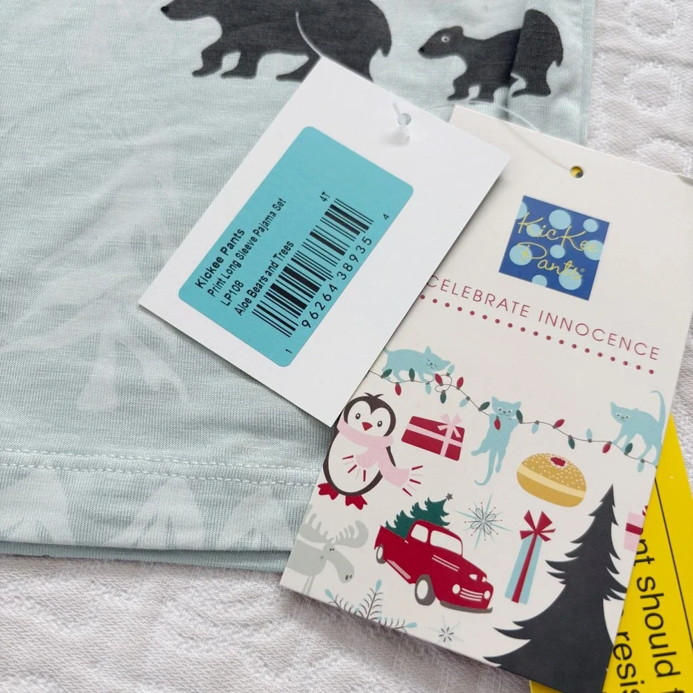 Kickee Pants Print Long Sleeve‎ Pajama Set, Aloe Bears and Trees (Sz 4T)
